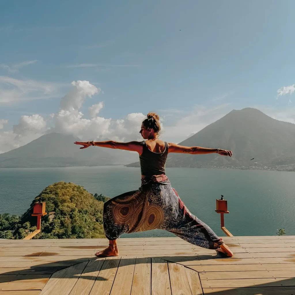 Ali doing yoga with volcano backdrop in Guatemala