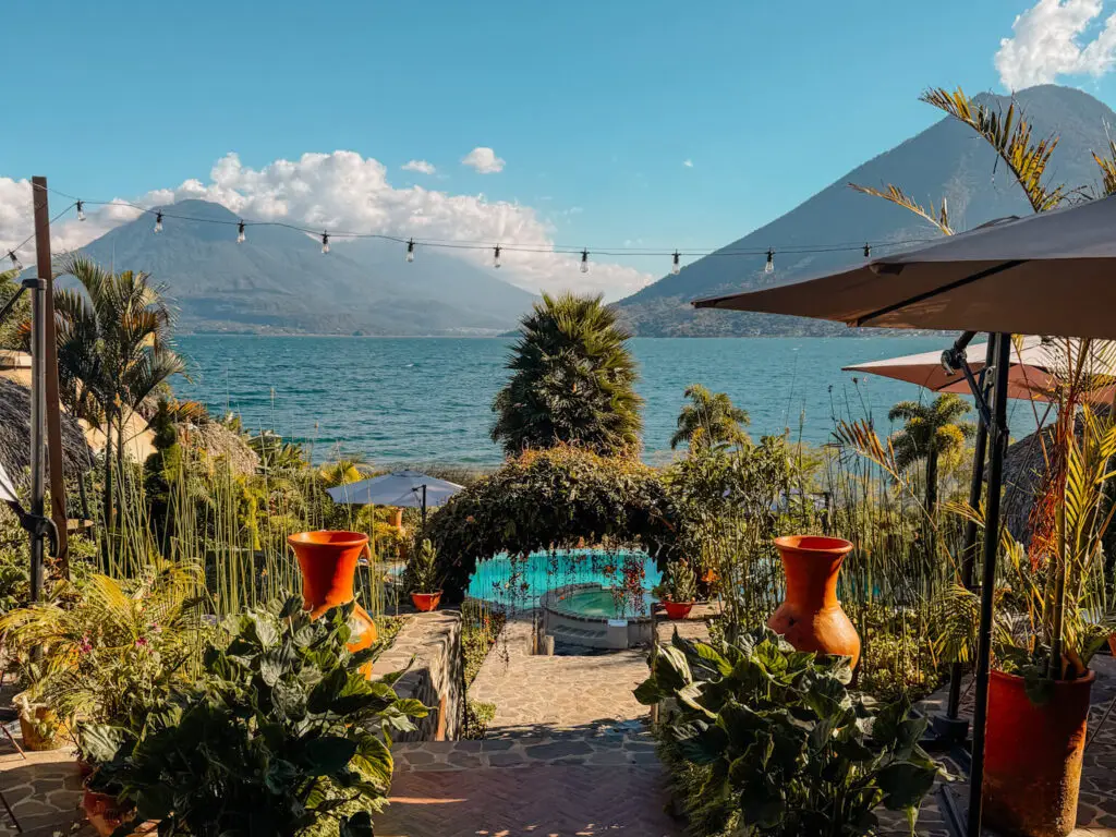 View from Amo Atitlan in San Marcos La Laguna, view of the volcanoes and greenery